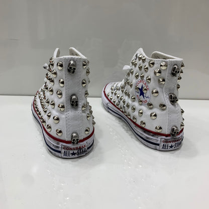 Converse Bianche All Star Alte personalizzate con Argento Effetto Sporco Teschi