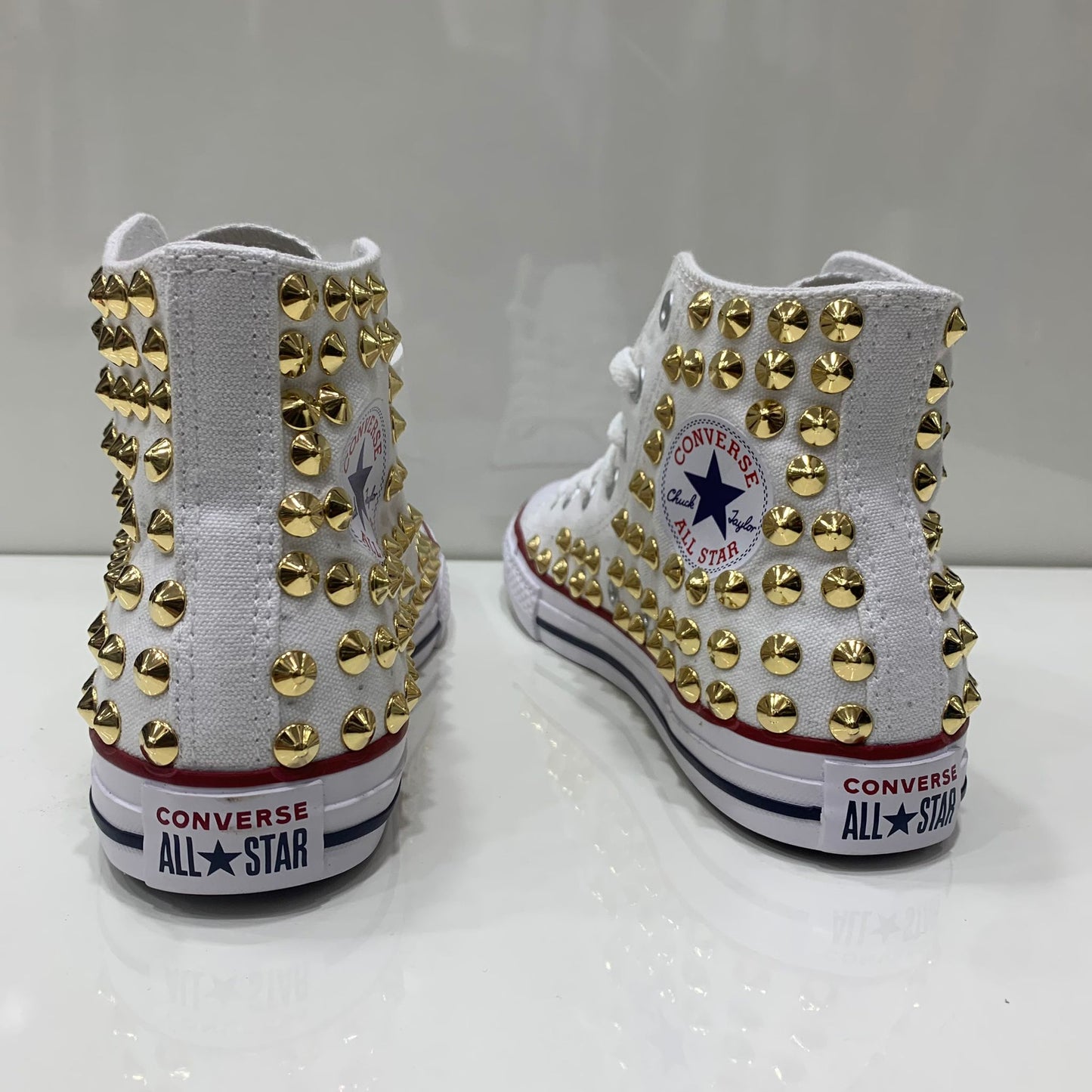 Converse Bianche All Star Alte personalizzate con Borchie Oro