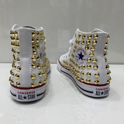 Converse Bianche All Star Alte personalizzate con Borchie Oro
