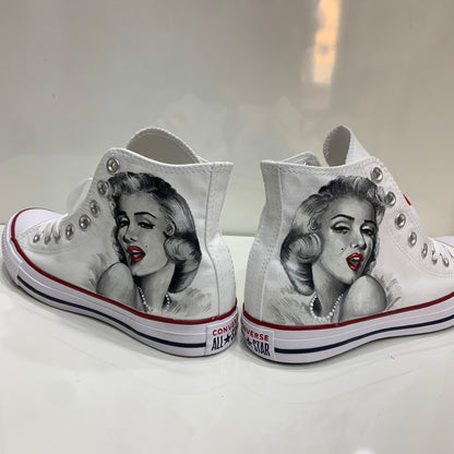 Converse All Star Bianche Alte personalizzate Disegnate Marilyn Monroe