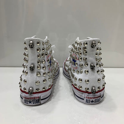 Converse Bianche Alte all star personalizzate con Borchie Argento Teschi Effetto Sporco